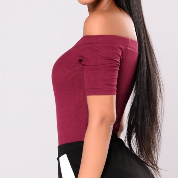 BURGUNDY OFF SHOULDER BODYSUIT - Picture 4 of 5